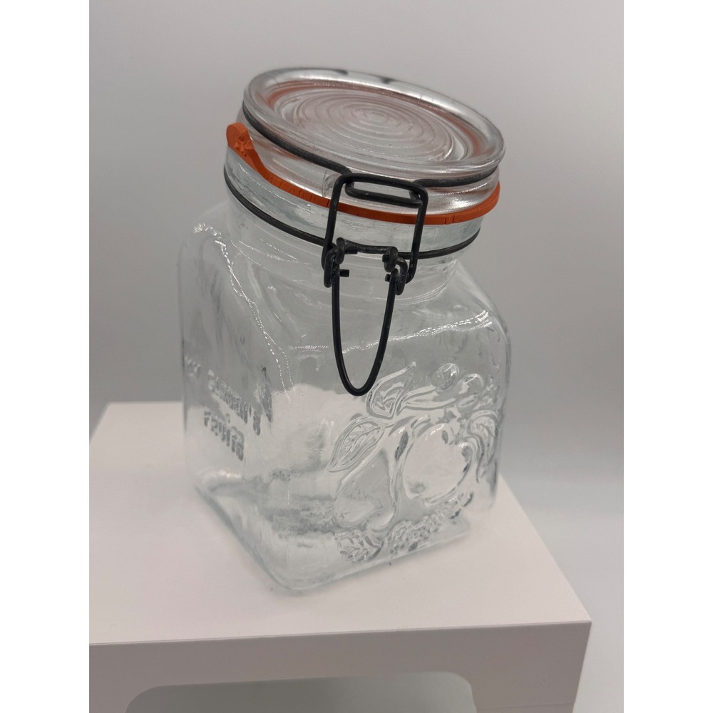 Vtg 1968 Granny's Products Glass Wire Jar 1 Quart Italy Fruits de mon Jardin